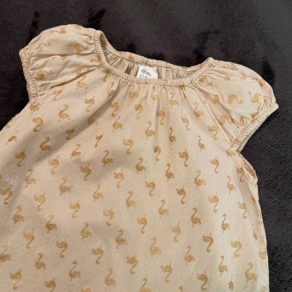 H&M Infant’s Taupe cotton dress with sparkly golden flamingos-Size 4-6 months